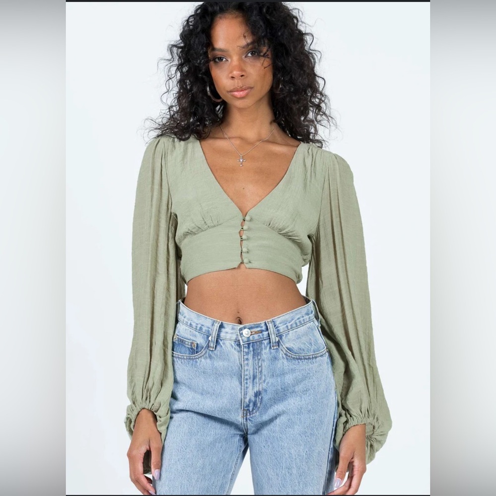 Princess Polly Sage Green Long Sleeve Crop Top